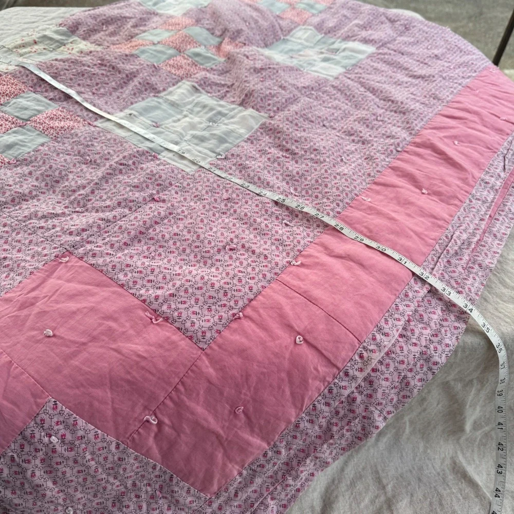 Vintage Handmade Patchwork Quilt Pink Floral Nine Patch Cottagecore Cutter 84x88